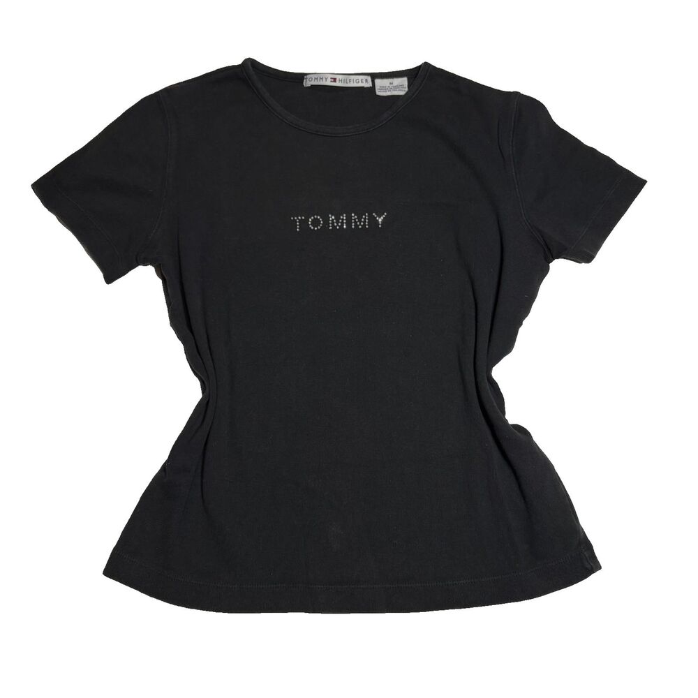 Tommy Hilfiger Baby Tee Black Cotton Rhinestone Logo Y2K Preppy McBling Size M